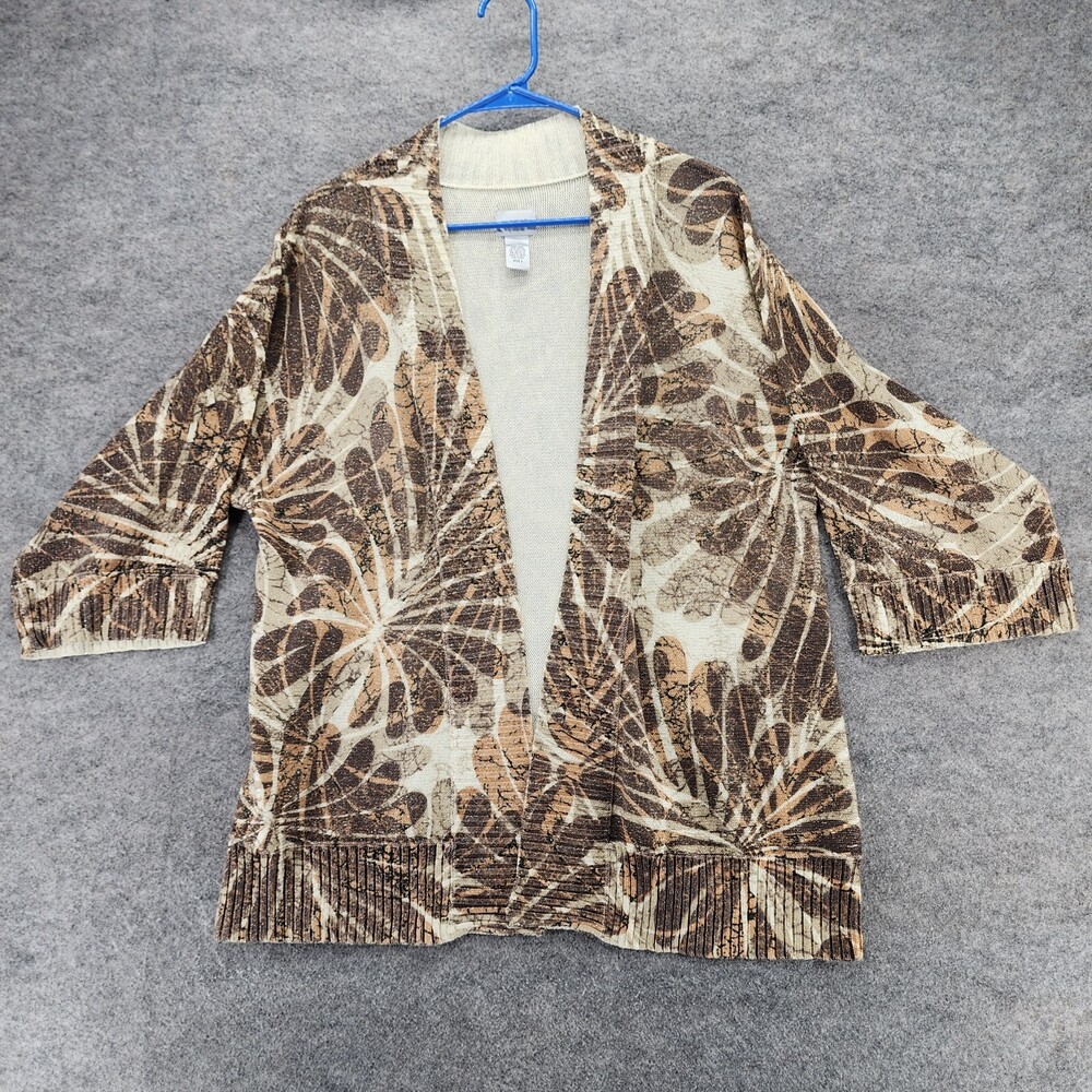 Chicos Cardigan Womens 3 Open Front Short Sleeve Beige Gold Floral